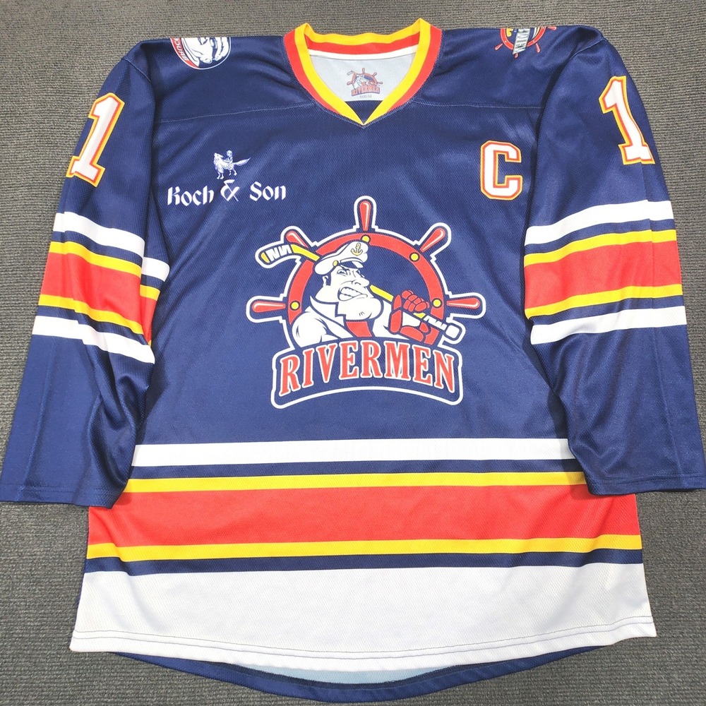 Peoria Rivermen Hockey Jersey Mens 2XL Blue Captain Koch & Son Bruce Saurs Patch